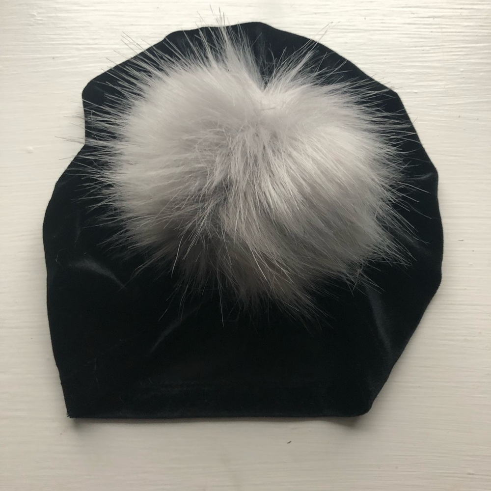 BLACK Velvet turban hat with grey fuzzy Pom Pom